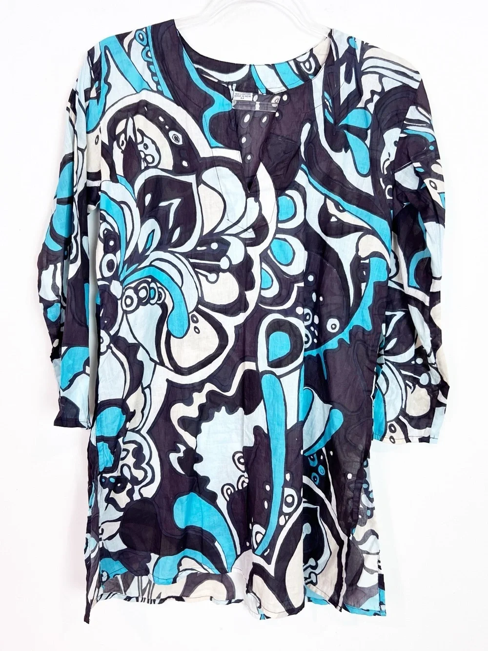 BOUTIQUE UNBRANDED WHITE BLUE BROWN LONG SLEEVE COVER UP TUNIC DRESS SZ MEDIUM